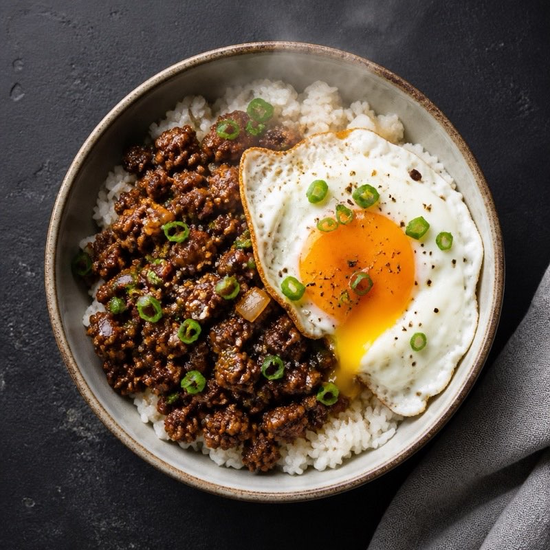 Beef Rice Bowl, Fried Egg — high-protein recipe with 50g protein