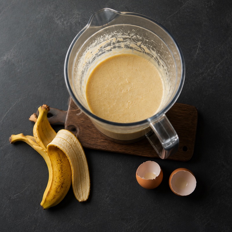 Step 1: Blend banana, eggs, oats and whey into a batter.