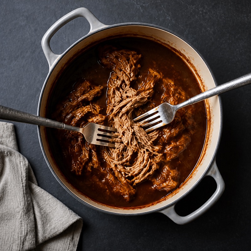 Step 2: Shred with two forks in the sauce.