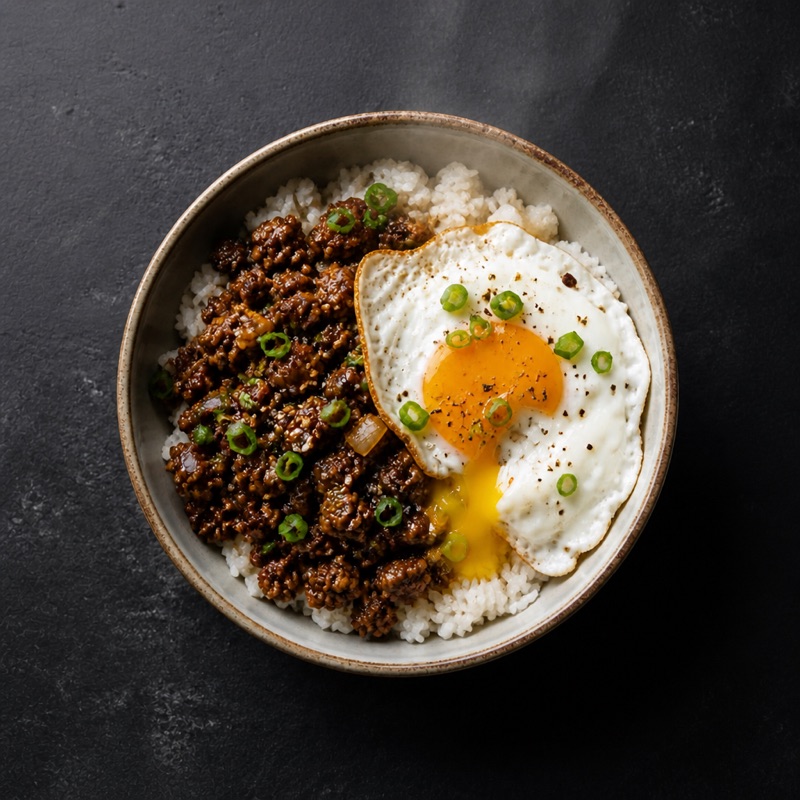 Step 4: Beef over rice, egg on top, break the yolk.