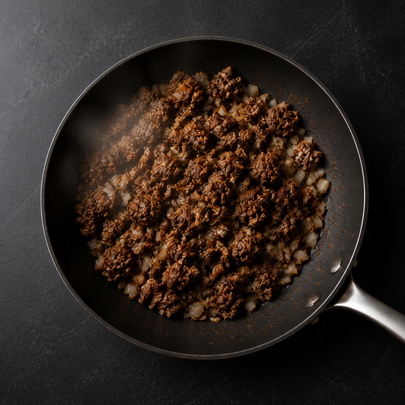 Step 2: Brown the beef with onion and spices.