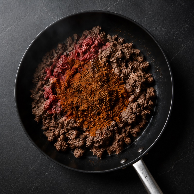 Step 1: Brown the beef with the spices and a splash of water.
