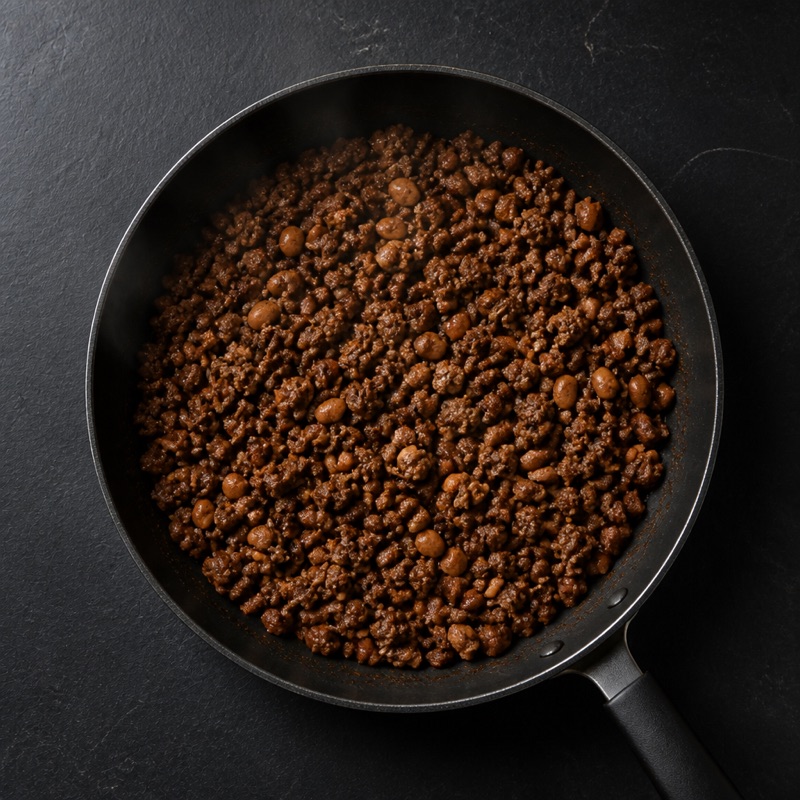 Step 1: Brown the beef with the spices, stir in the beans.