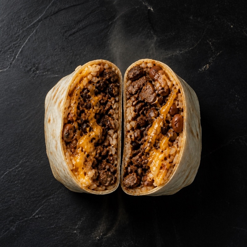 Step 3: Layer rice, beef and beans, cheese, hot sauce. Roll it tight, seam down in the hot pan for 1 minute.