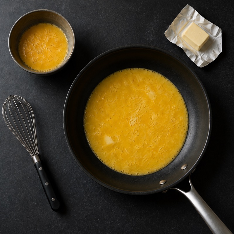 Step 1: Beat the eggs, pour into a buttered pan on medium.