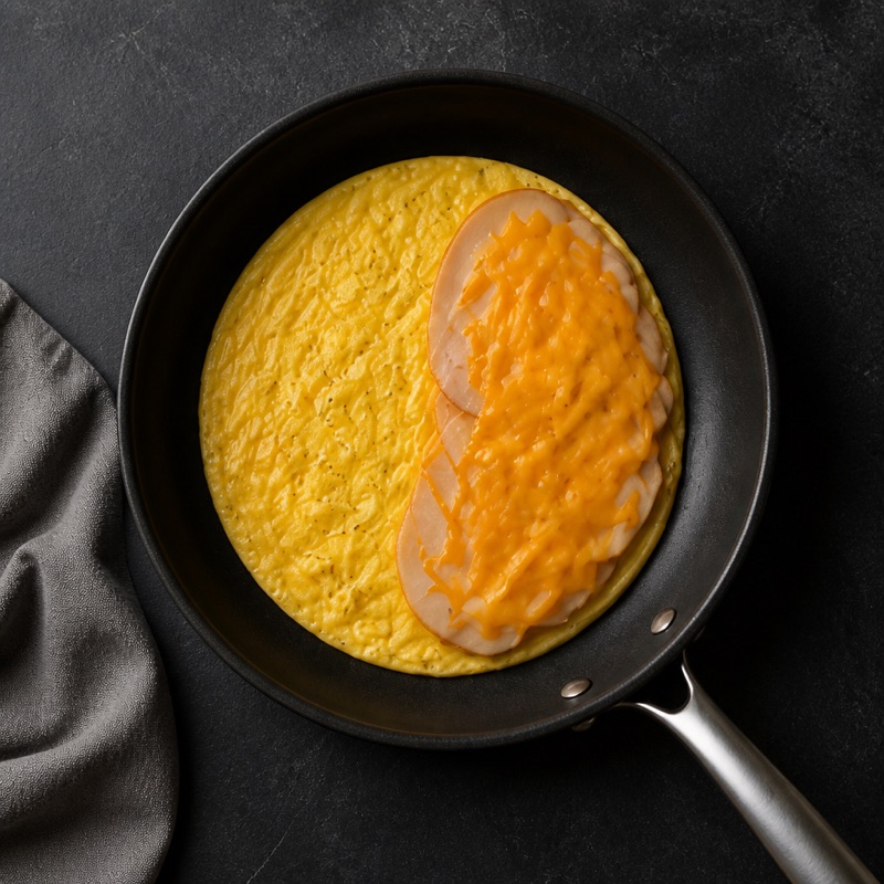 Step 2: When almost set, lay turkey and cheese on one half.