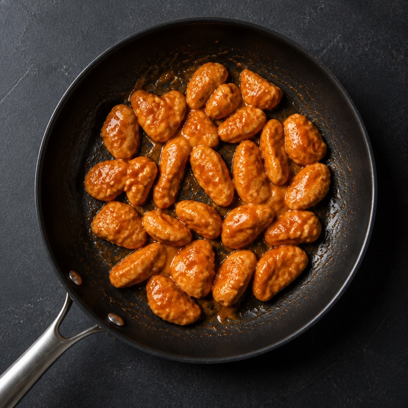 Step 1: Fry sliced chicken, then toss with hot sauce and butter in the pan.