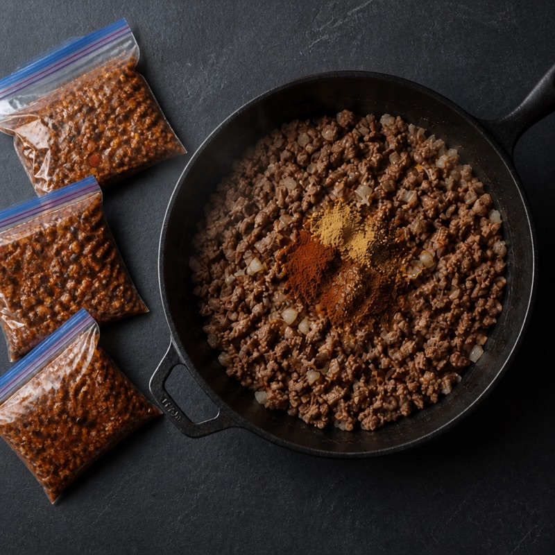 Step 1: Brown beef and onion with the spices.
