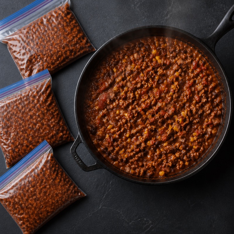 Step 2: Add beans, corn and tomatoes. Simmer 15 minutes until thick.