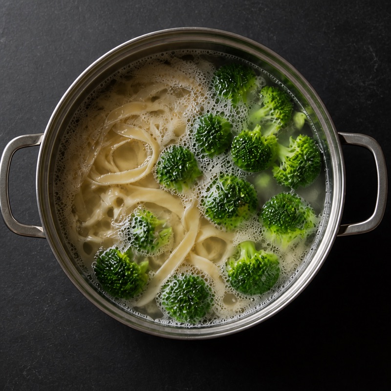 Step 1: Cook pasta; broccoli into the pot for the last 3 minutes.