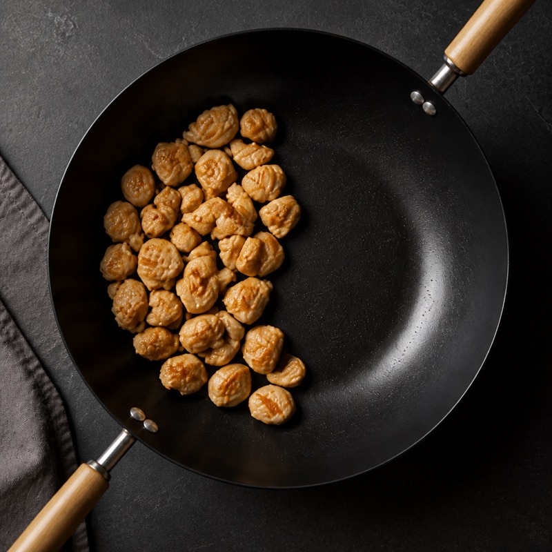 Step 1: Fry diced chicken hot, push to the side.