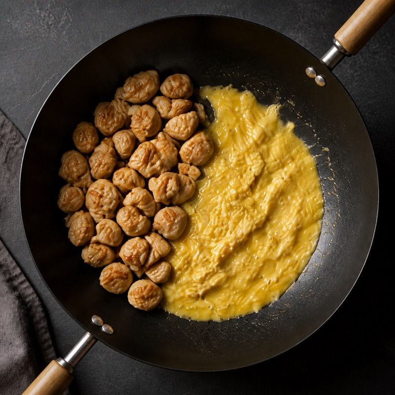 Step 2: Scramble the eggs in the same pan.