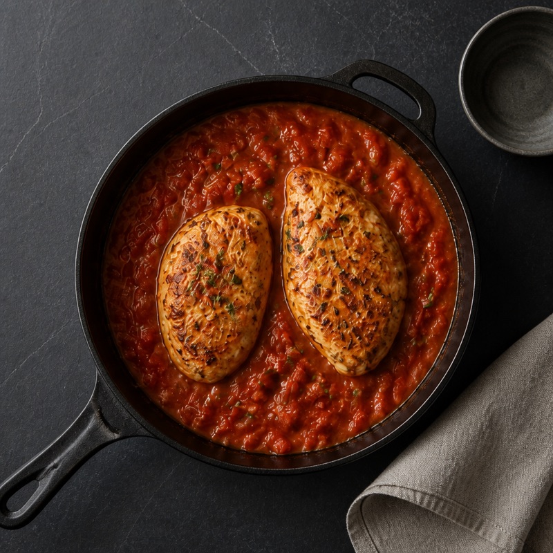 Step 3: Simmer tomatoes, garlic and oregano in the pan, put the chicken back in.
