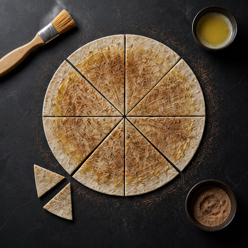 Step 1: Brush the tortilla with butter, dust with cinnamon, cut into triangles.
