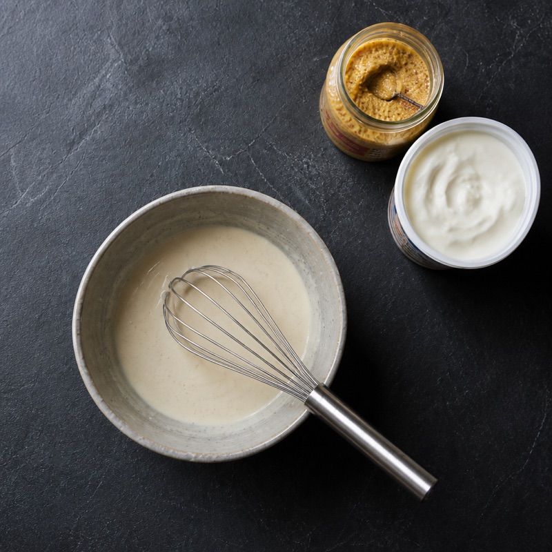 Step 2: Mix yogurt, mustard, oil, salt and pepper into a dressing.