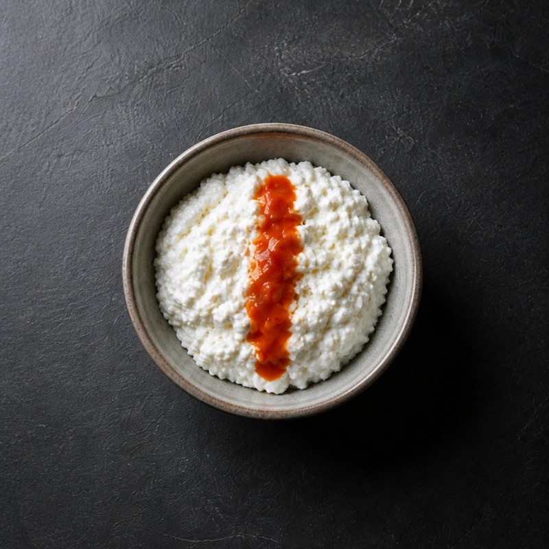 Step 1: Bowl the cottage cheese, hit it with hot sauce.