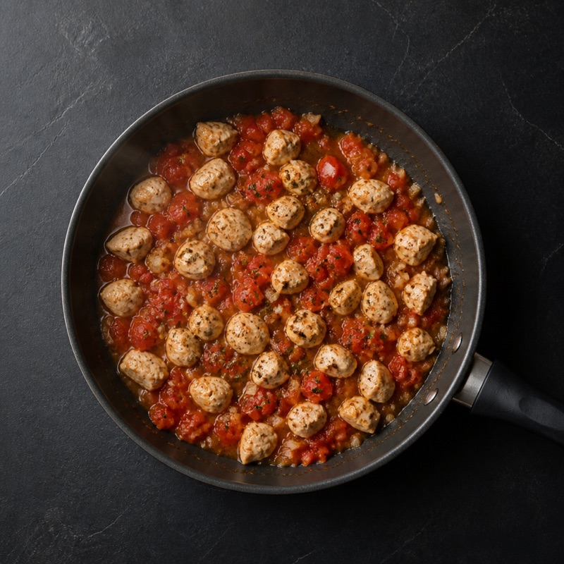 Step 2: Fry diced chicken with garlic, add tomatoes and oregano, simmer 8 minutes.