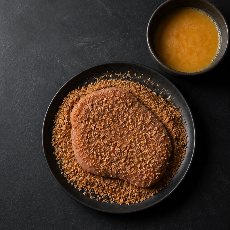 Step 1: Butterfly the chicken, dip in egg, press into spiced oat crumbs.