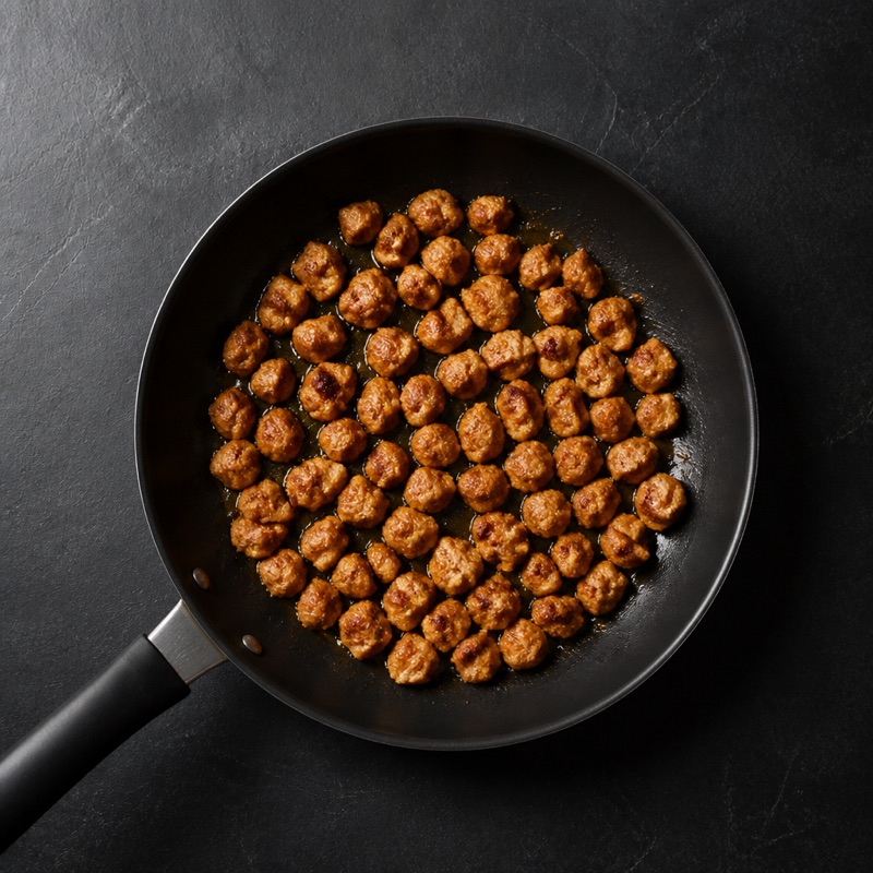 Step 1: Dice chicken small, season hard, fry hot until edges crisp.