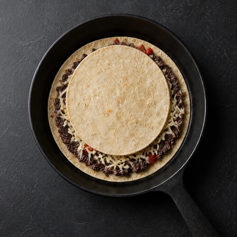 Step 2: Build two quesadillas: beans and cheese between tortillas.