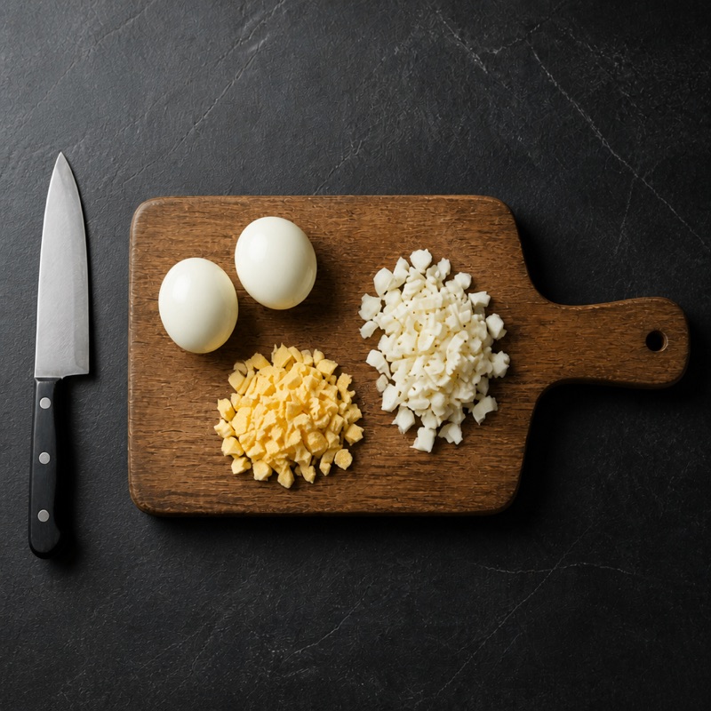 Step 1: Boil the eggs for 9 minutes, then peel and chop.
