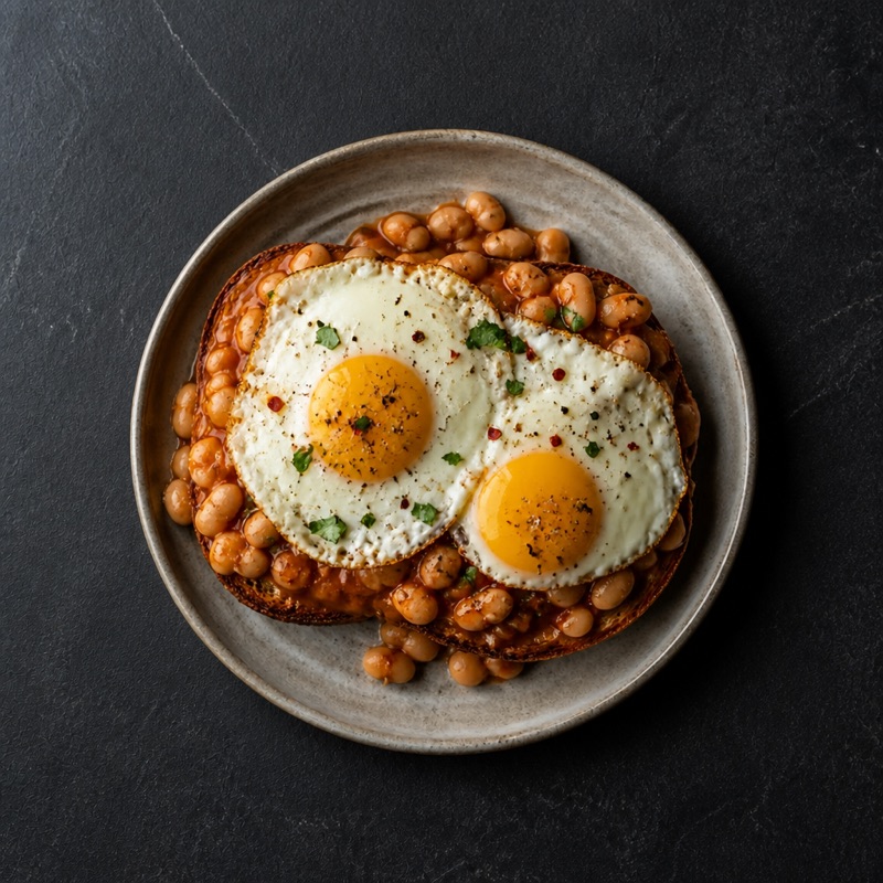 Step 3: Toast, beans, eggs on top. Pepper everything.