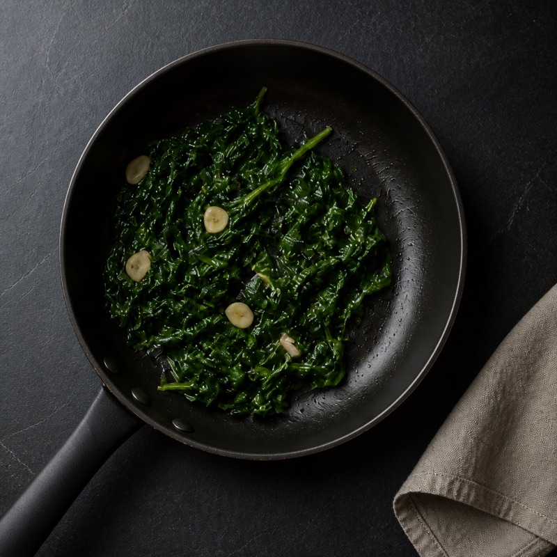 Step 1: Warm the spinach with garlic and oil until dry.