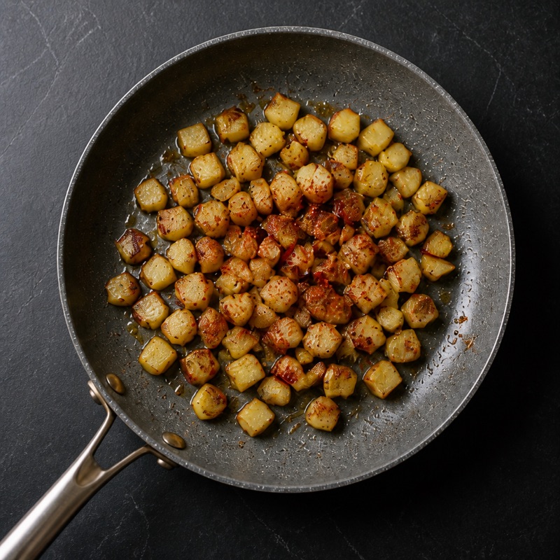 Step 1: Microwave diced potatoes 6 minutes, then crisp in oil with salt and paprika.
