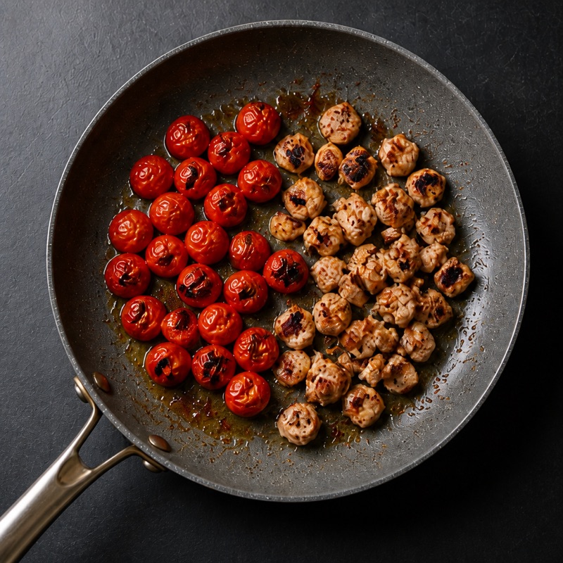 Step 2: Blister the tomatoes in the same pan, crisp the turkey.