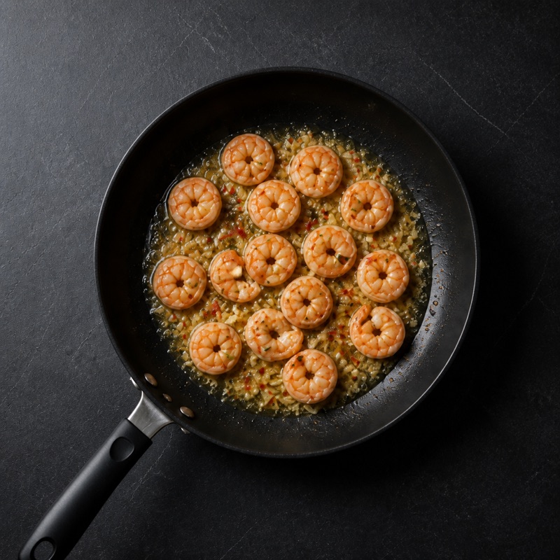 Step 2: Fry garlic and chili in butter, add shrimp for 3 minutes.