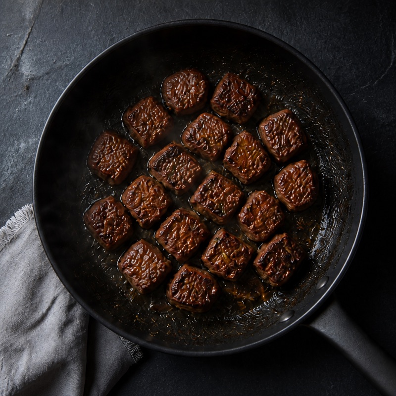 Step 2: Scorching pan: steak cubes 2 minutes untouched, then 1 more.