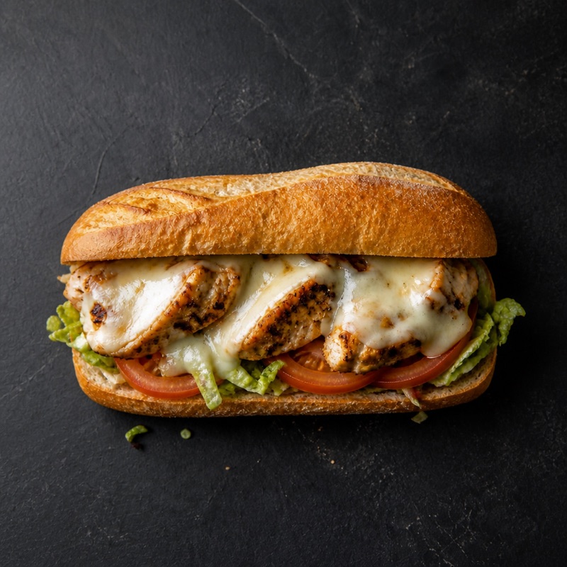 Step 3: Build the sub: sauce, lettuce, tomato, chicken.