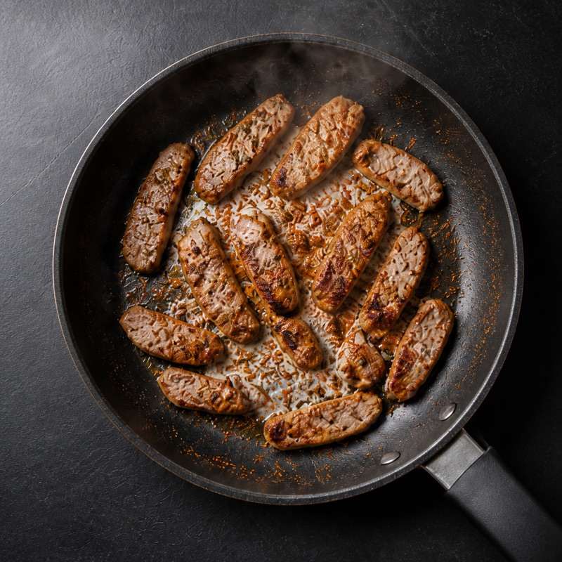 Step 1: Slice chicken thin, season with paprika, oregano, salt. Fry hot.
