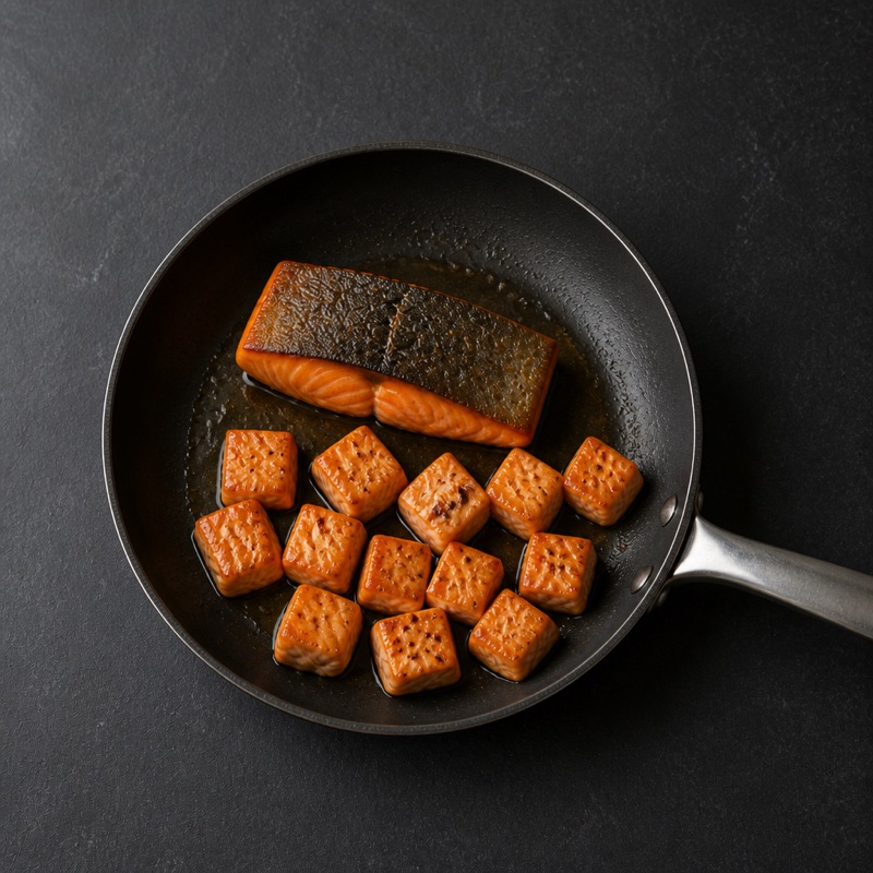 Step 2: Pan-fry the salmon 4 minutes skin-down, flip for 2, then break into chunks.