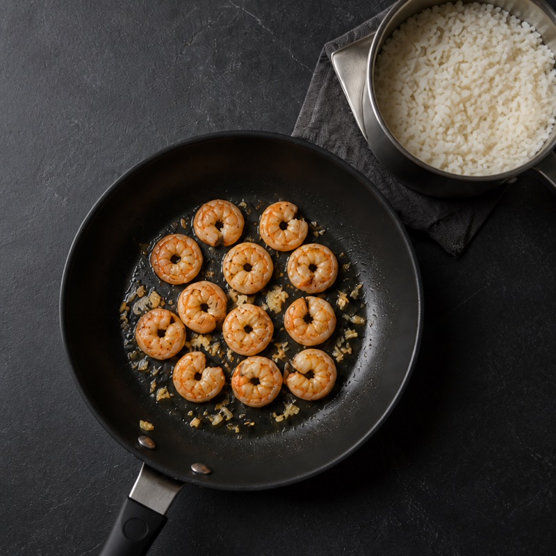 Step 1: Cook the rice, fry the shrimp with garlic 3 minutes.