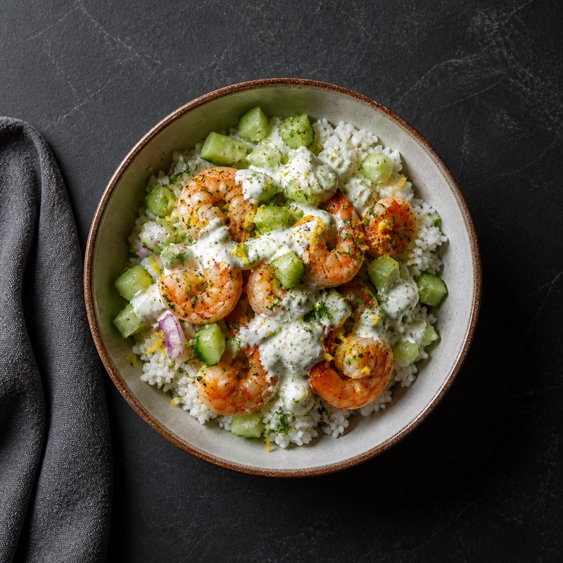 Step 3: Bowl: rice, shrimp, cucumber, sauce. Eats great cold too.