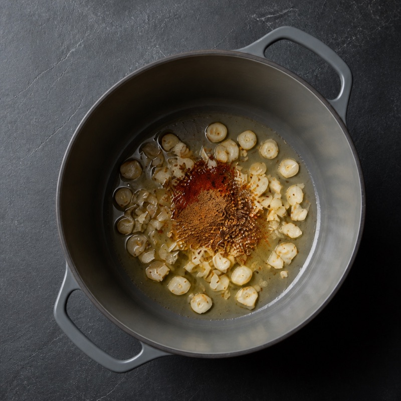 Step 1: Fry the garlic in oil, add spices for 30 seconds.