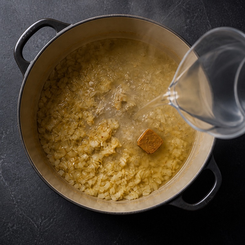 Step 1: Fry onion and garlic, add 1.2 liters water and bouillon.