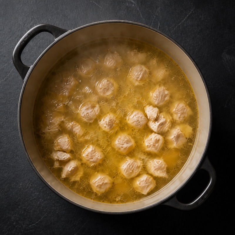 Step 2: Diced chicken in, simmer 10 minutes.