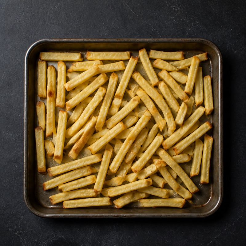 Step 1: Cut potatoes into fries, toss in oil and salt, bake 25 minutes at 220°C / 425°F.