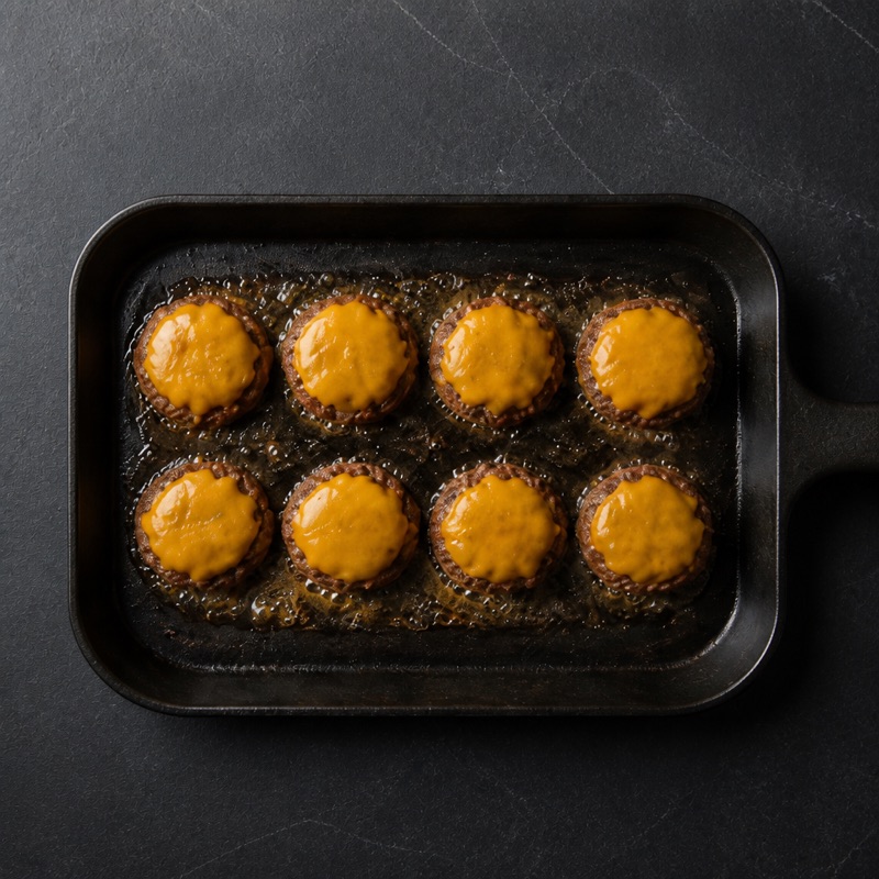 Step 2: Smash-fry 90 seconds per side, cheese on at the flip.