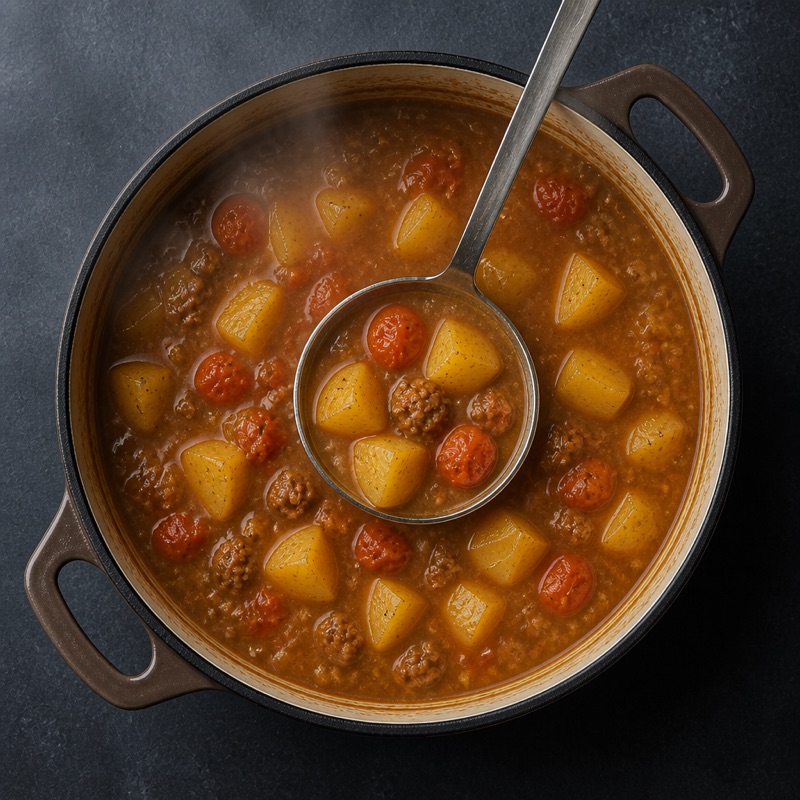 Step 2: Add potatoes, tomatoes, bouillon and 600 ml water.