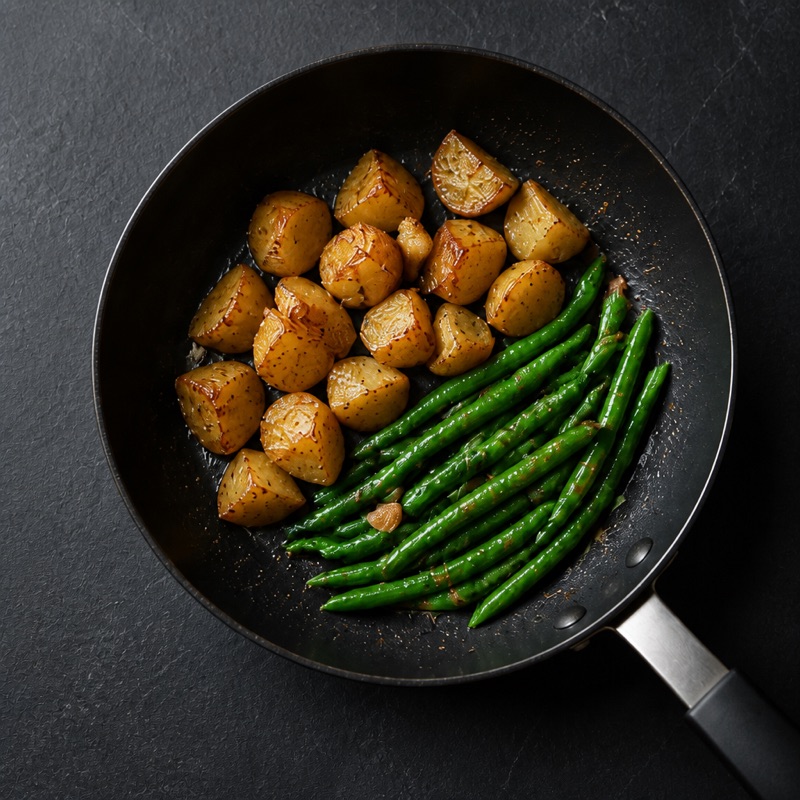 Step 3: Crisp the potatoes and beans in the salmon pan with butter and garlic.