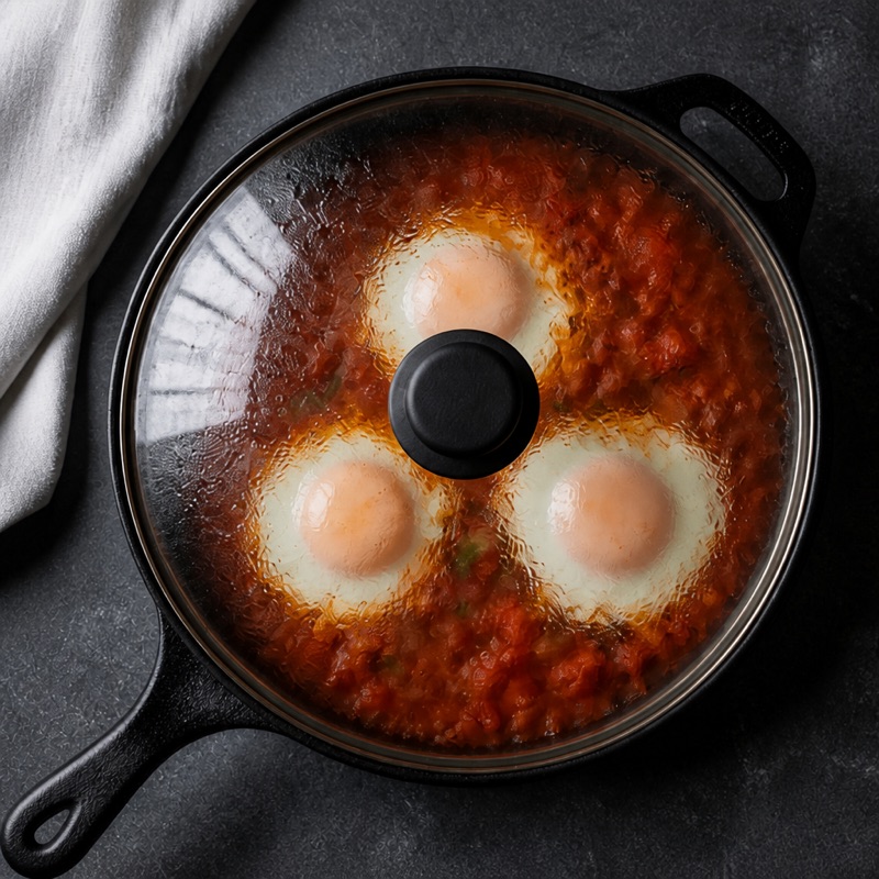 Step 3: Lid on, 5 minutes until whites set, yolks soft.