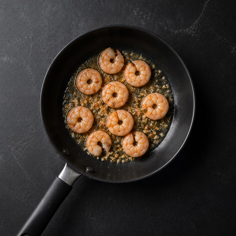 Step 1: Hot pan, oil, garlic, then shrimp for 3 minutes.