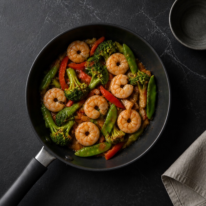 Step 2: Add vegetables, fry 3 more.