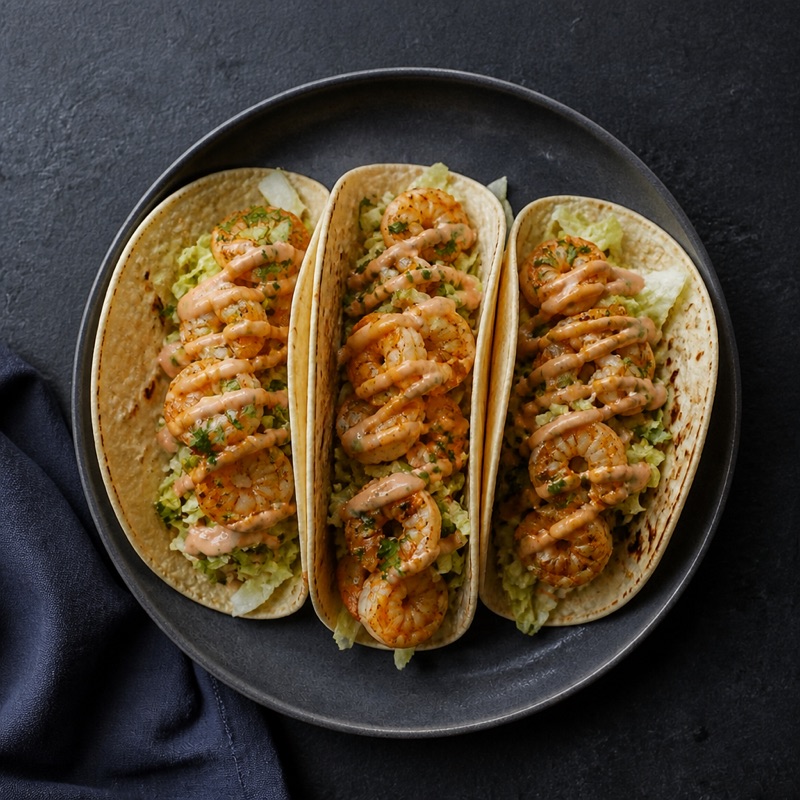 Step 3: Warm tortillas, load: lettuce, shrimp, crema.