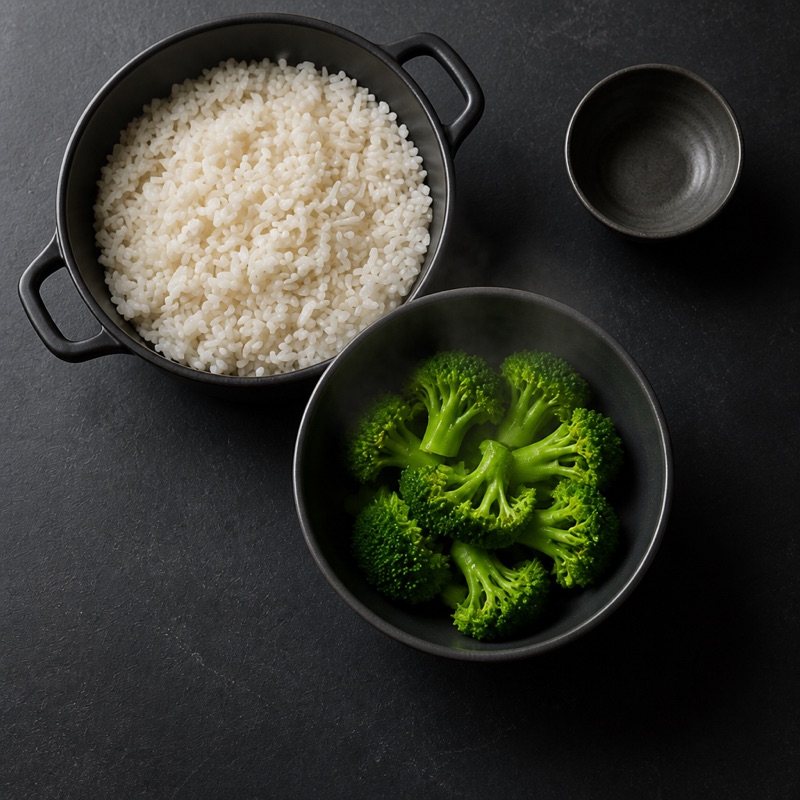 Step 1: Cook the rice, microwave the broccoli.