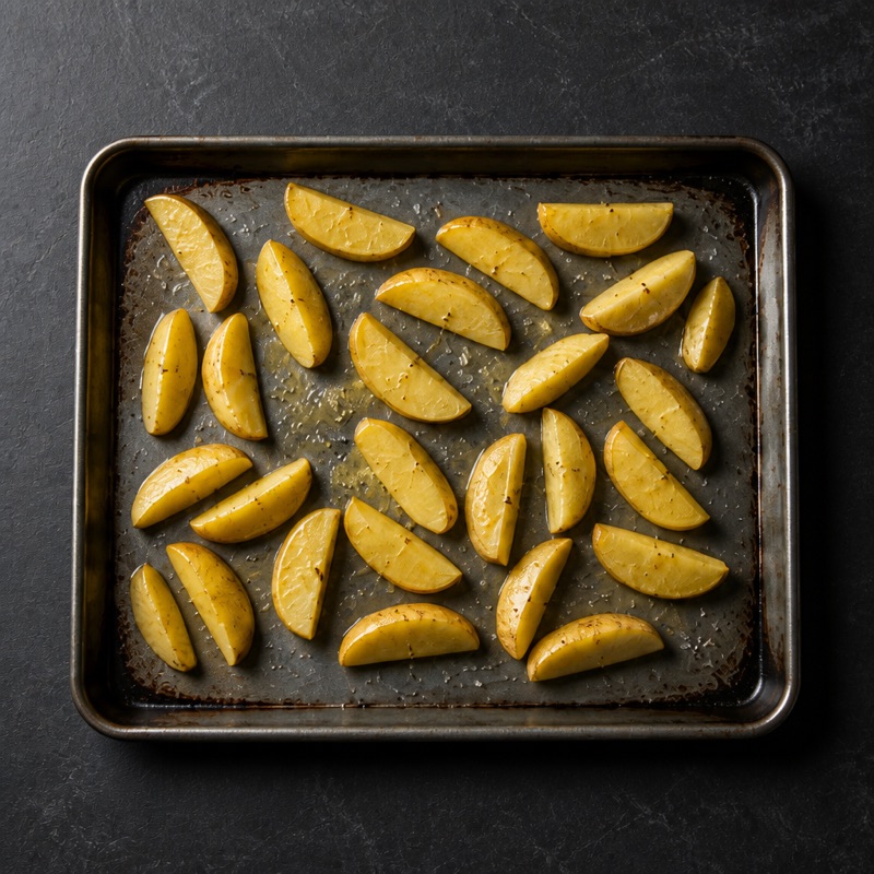Step 1: Wedge the potatoes, oil and salt, bake 25 minutes at 220°C / 425°F.