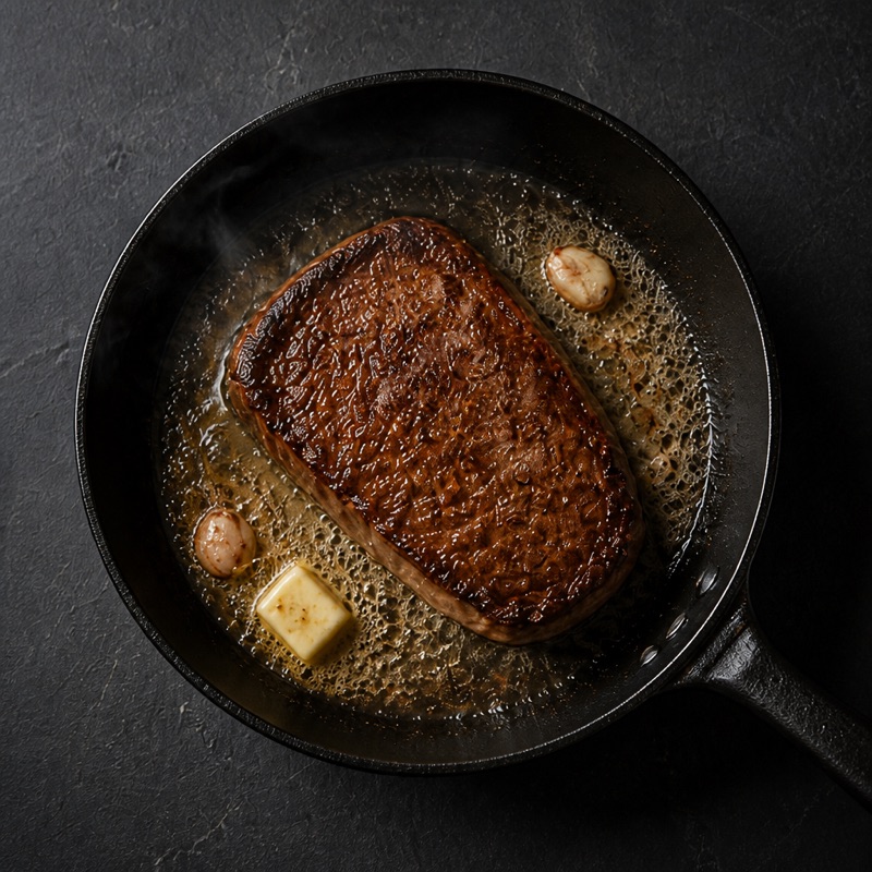 Step 3: Scorching pan: 2 to 3 minutes per side, then butter and garlic in, spoon it over.